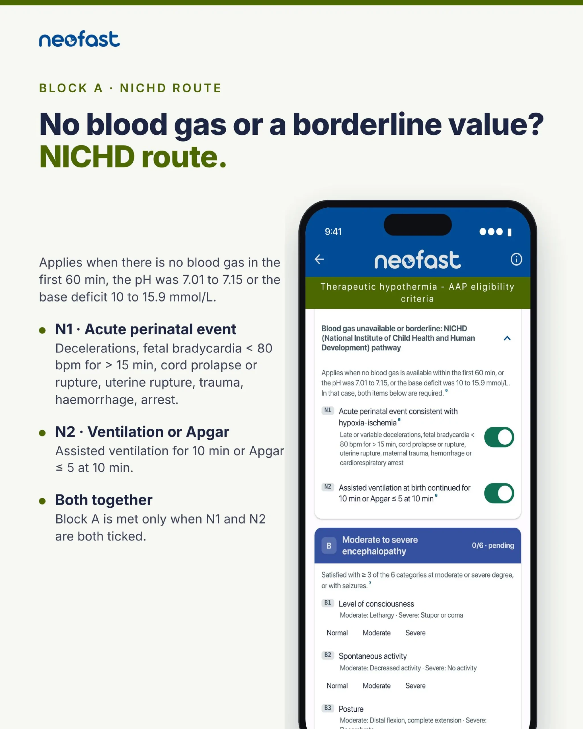 Phone screen showing the NICHD pathway toggles N1 and N2 used when blood gas is unavailable or borderline, with block B encephalopathy section pending below.