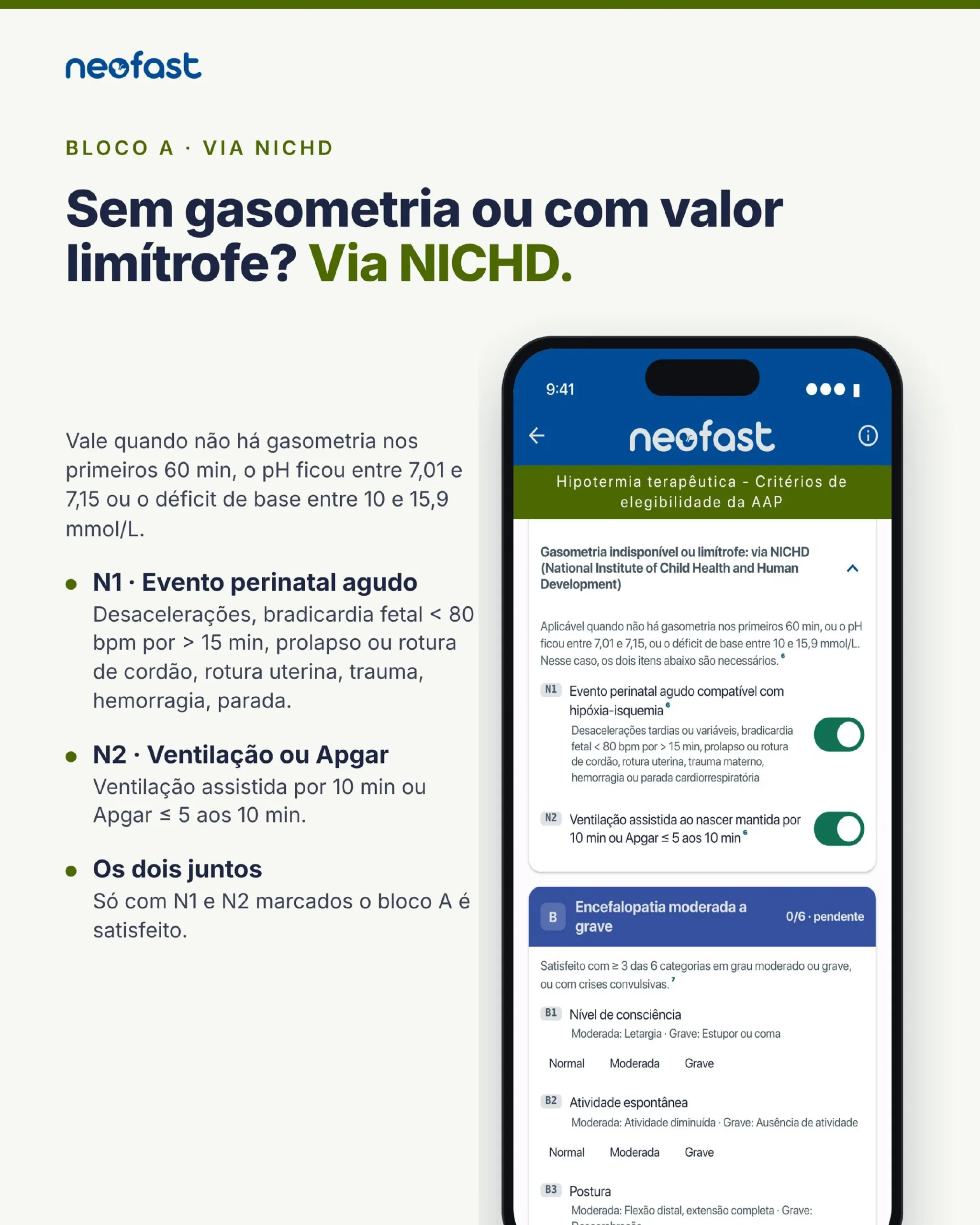 Página sobre a via alternativa NICHD para quando a gasometria está indisponível ou limítrofe, com print do app mostrando os itens N1 e N2 ativados e o início do bloco B pendente.