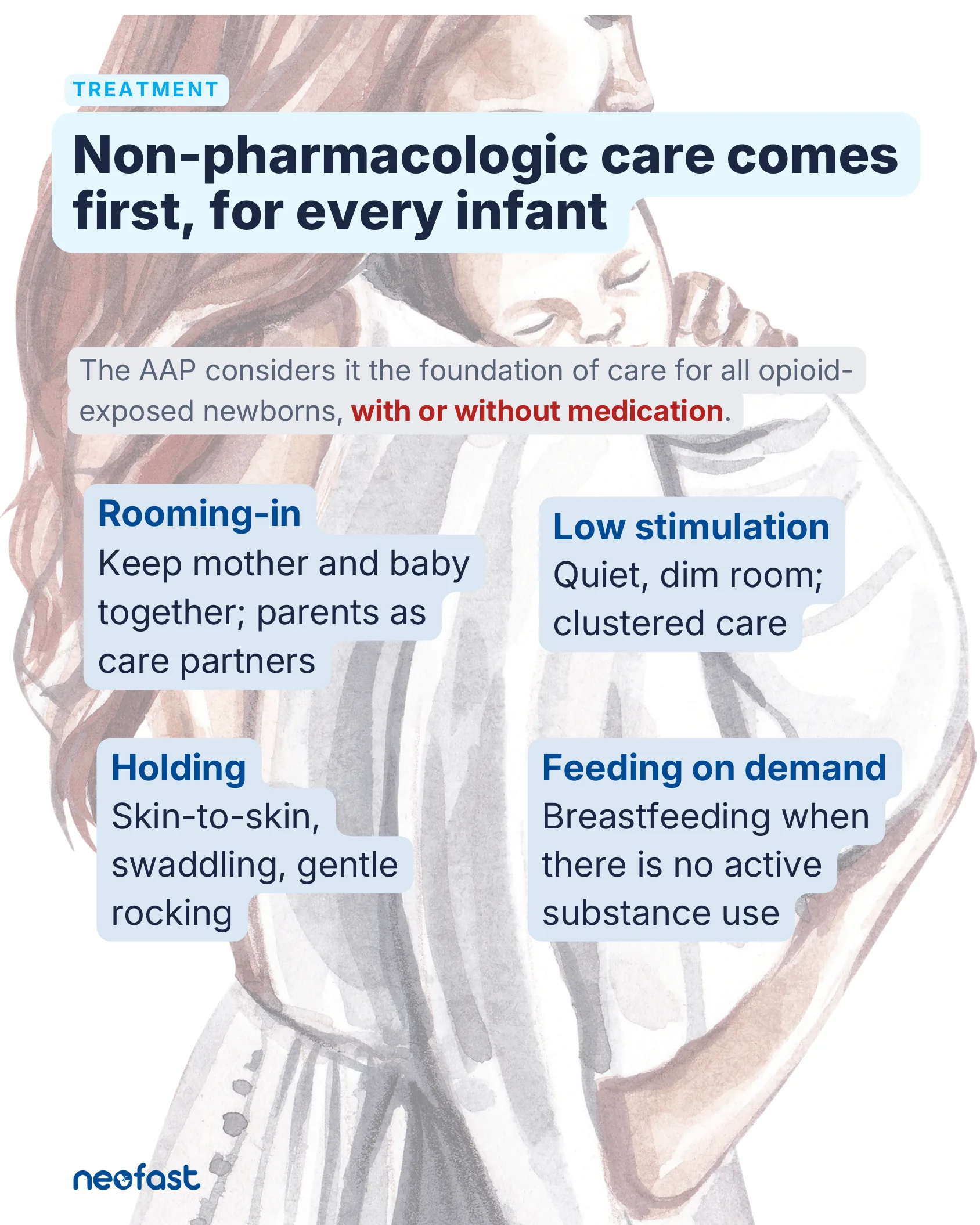 Illustration of a mother holding an infant with four key elements of non-pharmacologic care: rooming-in, low stimulation, holding, and feeding on demand.
