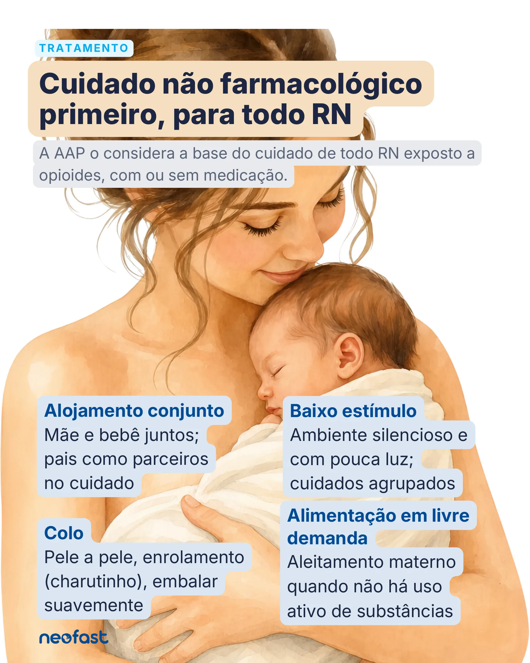 Ilustração de mãe segurando bebê no colo ilustrando as medidas de cuidado não farmacológico para recém-nascidos com síndrome de abstinência neonatal.