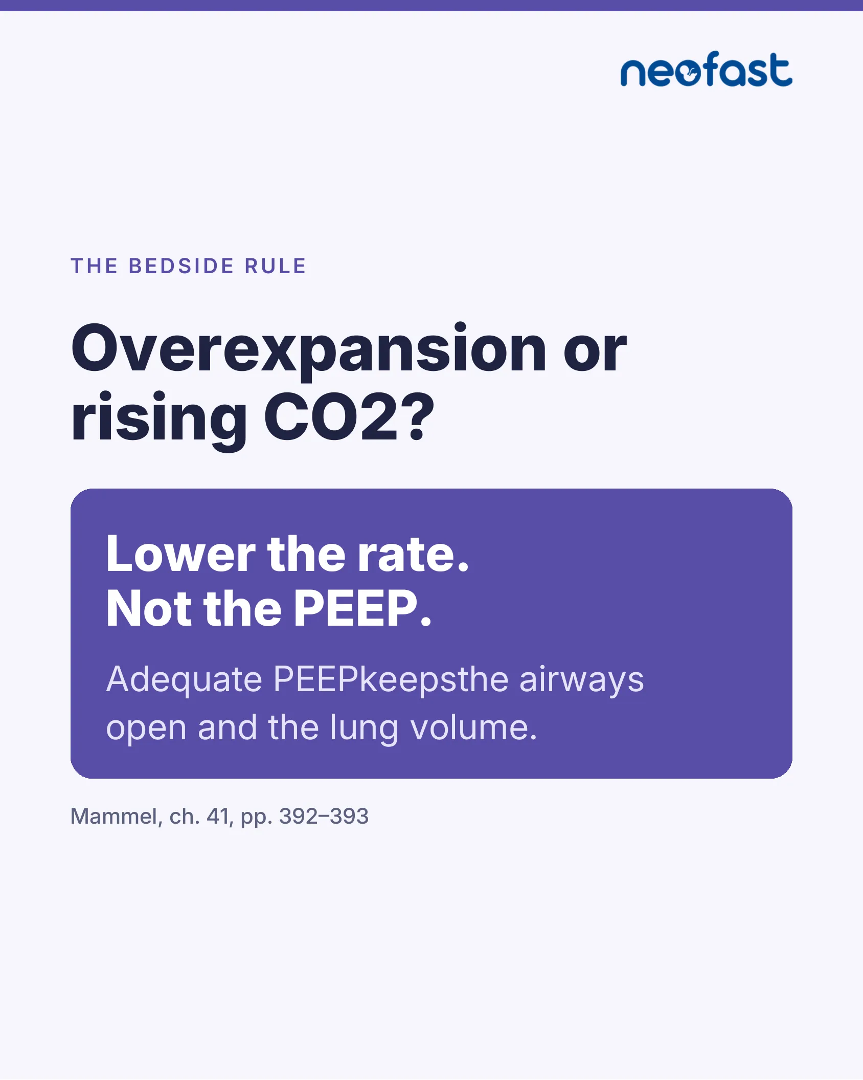 Slide asking whether the issue is overexpansion or rising CO2, with the instruction to lower the rate rather than the PEEP to maintain lung volume.