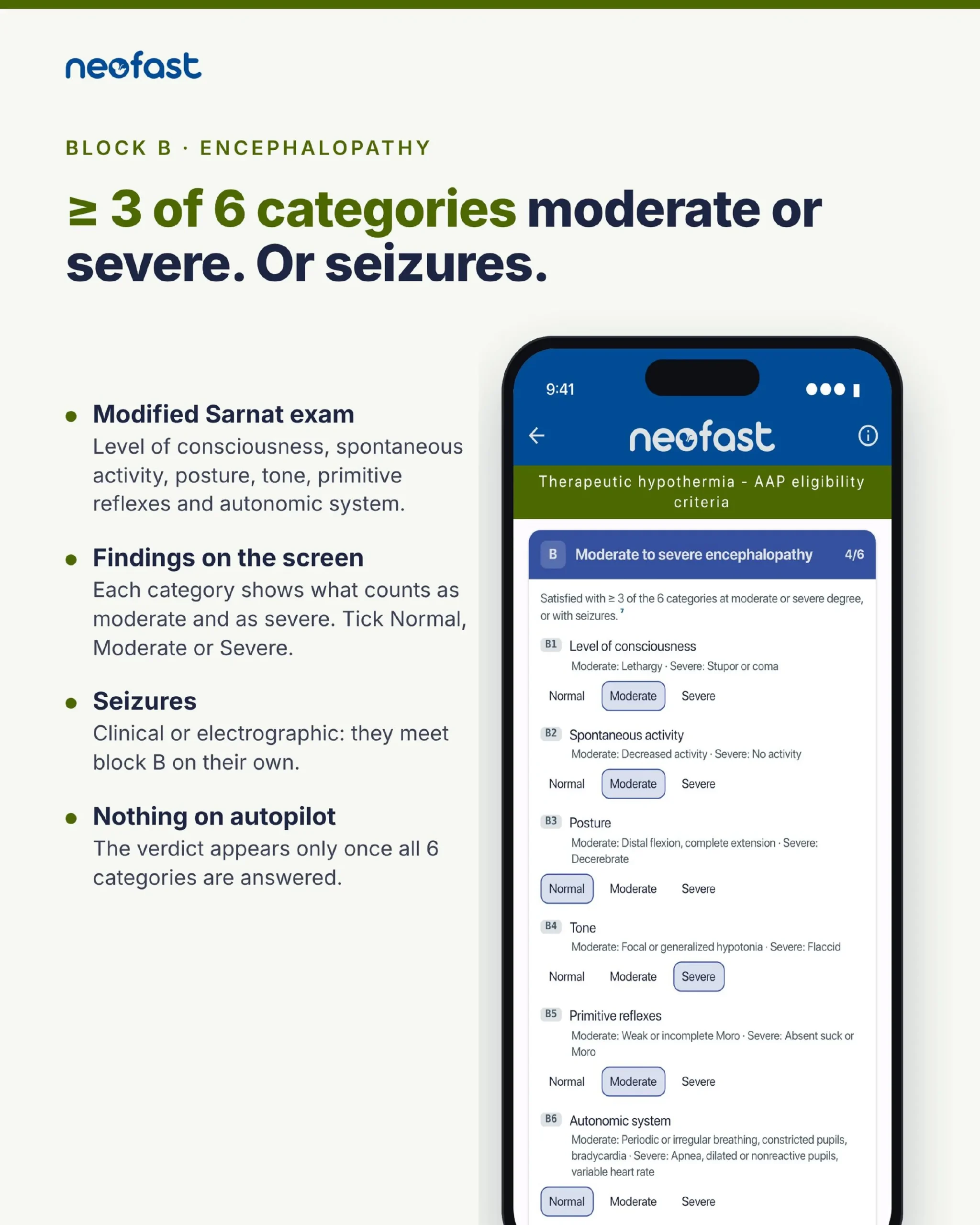 Phone screen displaying the six modified Sarnat exam categories B1 through B6 with normal, moderate, and severe options selected for encephalopathy assessment.