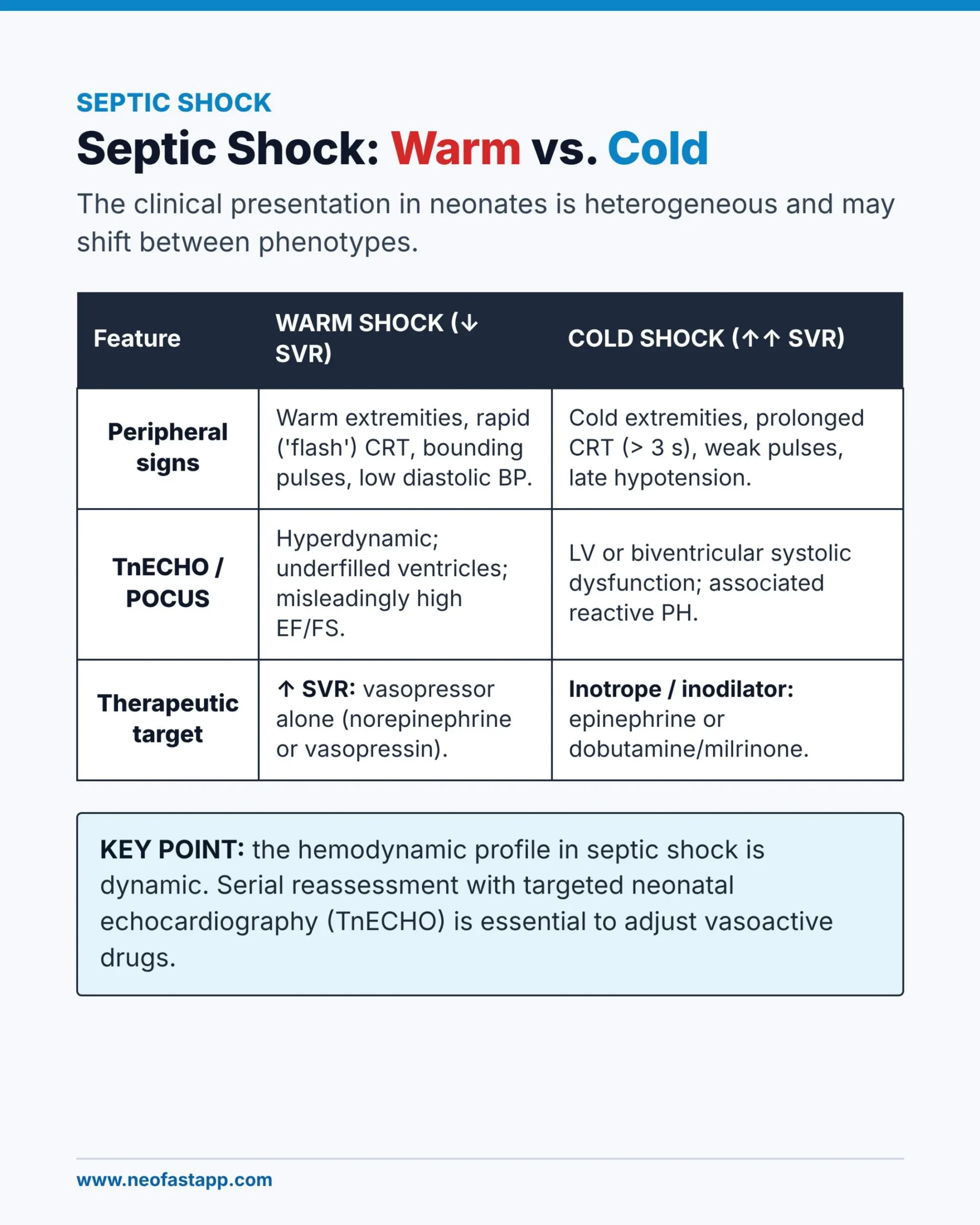 Comparison table of warm versus cold septic shock in neonates, covering peripheral signs, TnECHO/POCUS findings and therapeutic targets.