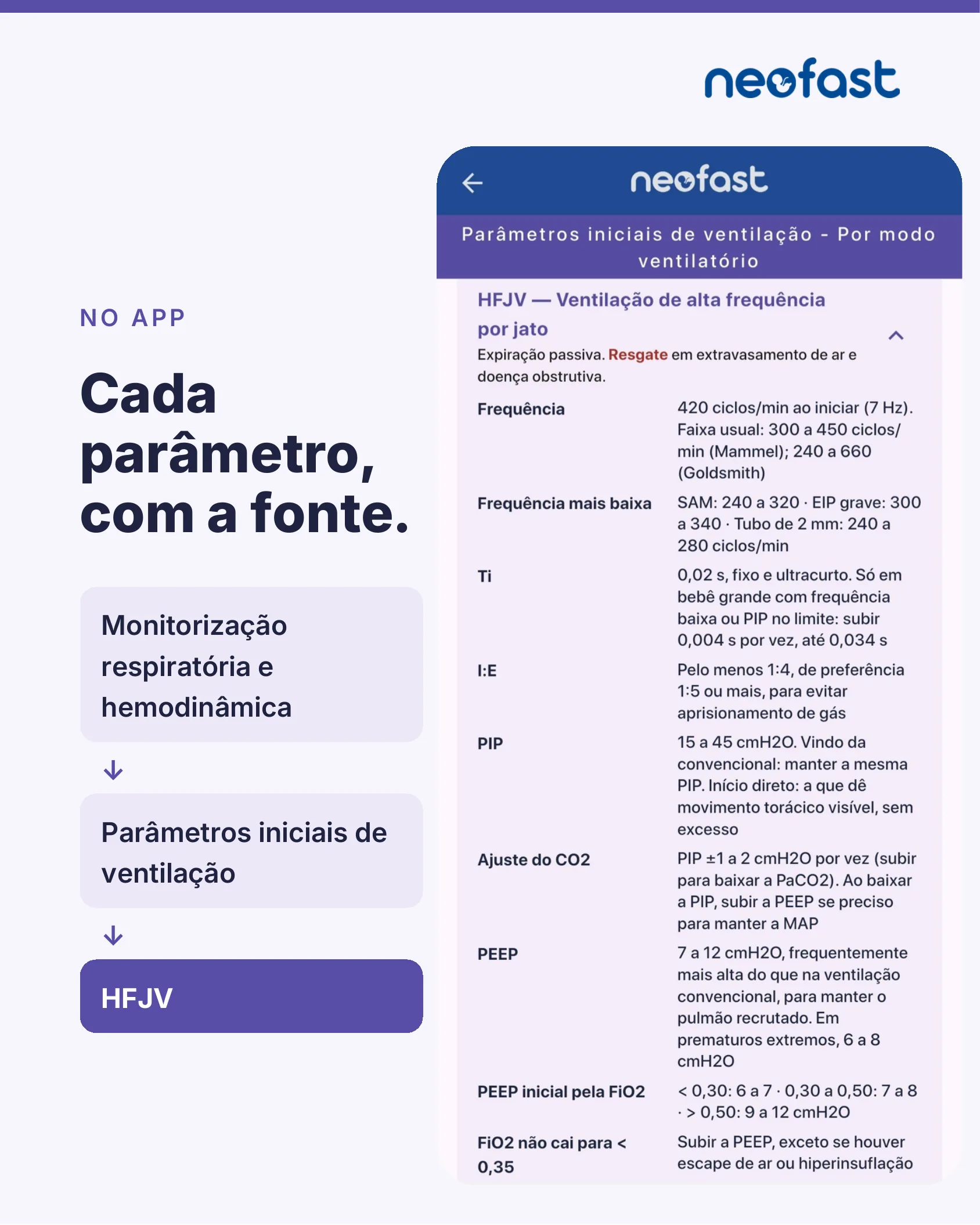Captura de tela do aplicativo Neofast mostrando a tabela completa de parâmetros iniciais de ventilação para o modo HFJV.