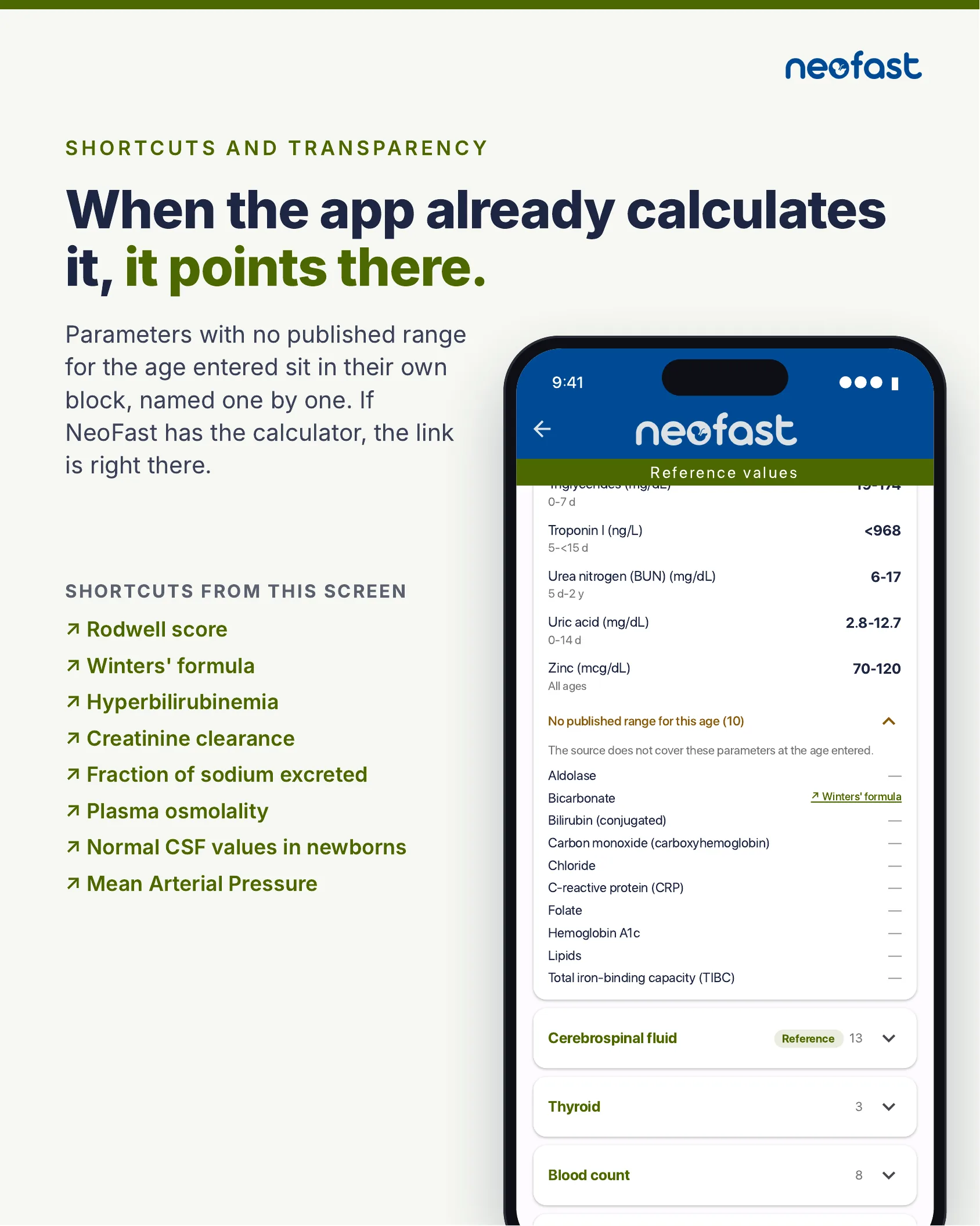 App screen showing a list of lab parameters with no published reference range for the entered age, grouped separately with a link to the Winters' formula calculator.