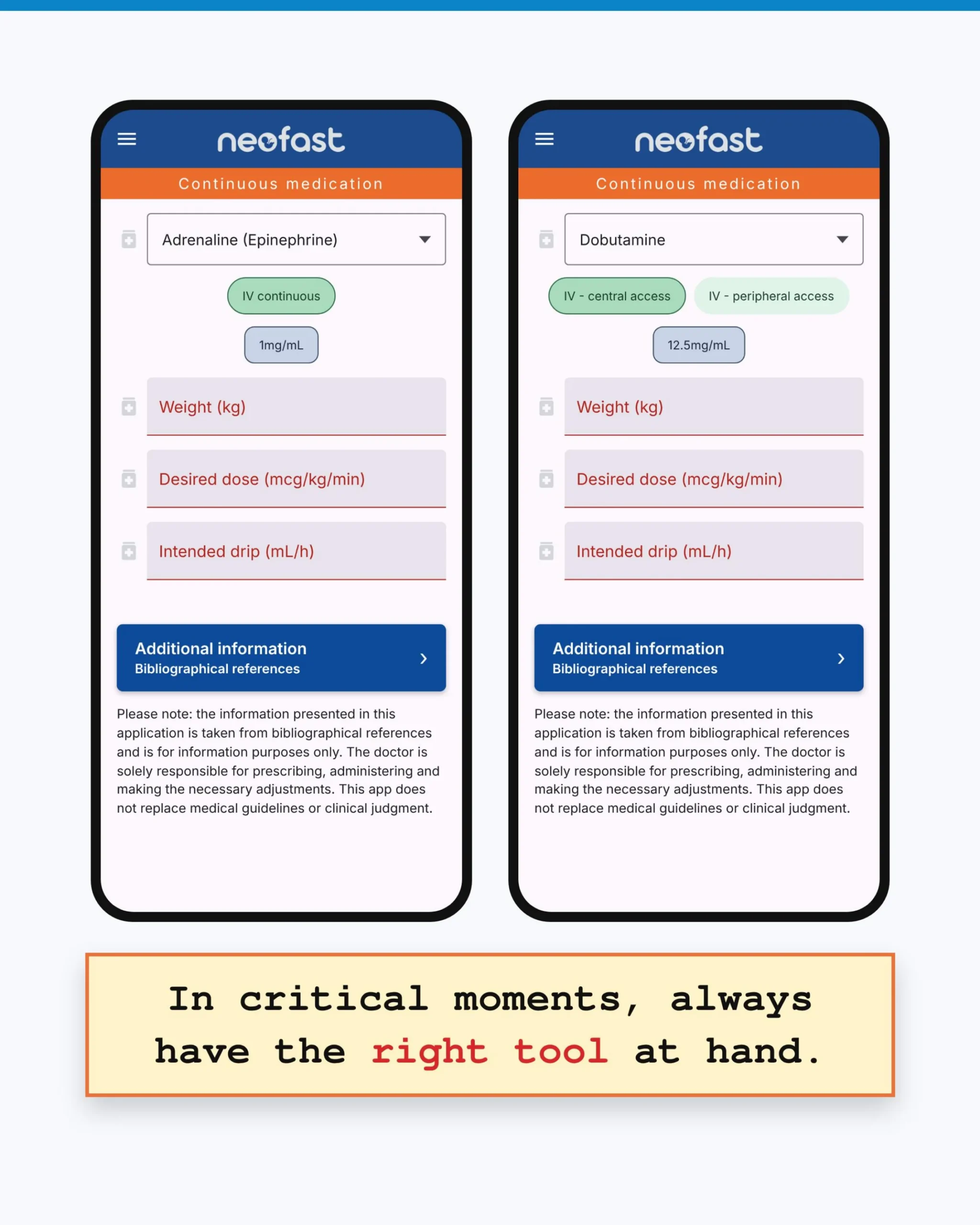Two mobile app screenshots of the Neofast continuous medication calculator showing input fields for Adrenaline (Epinephrine) and Dobutamine dosing.