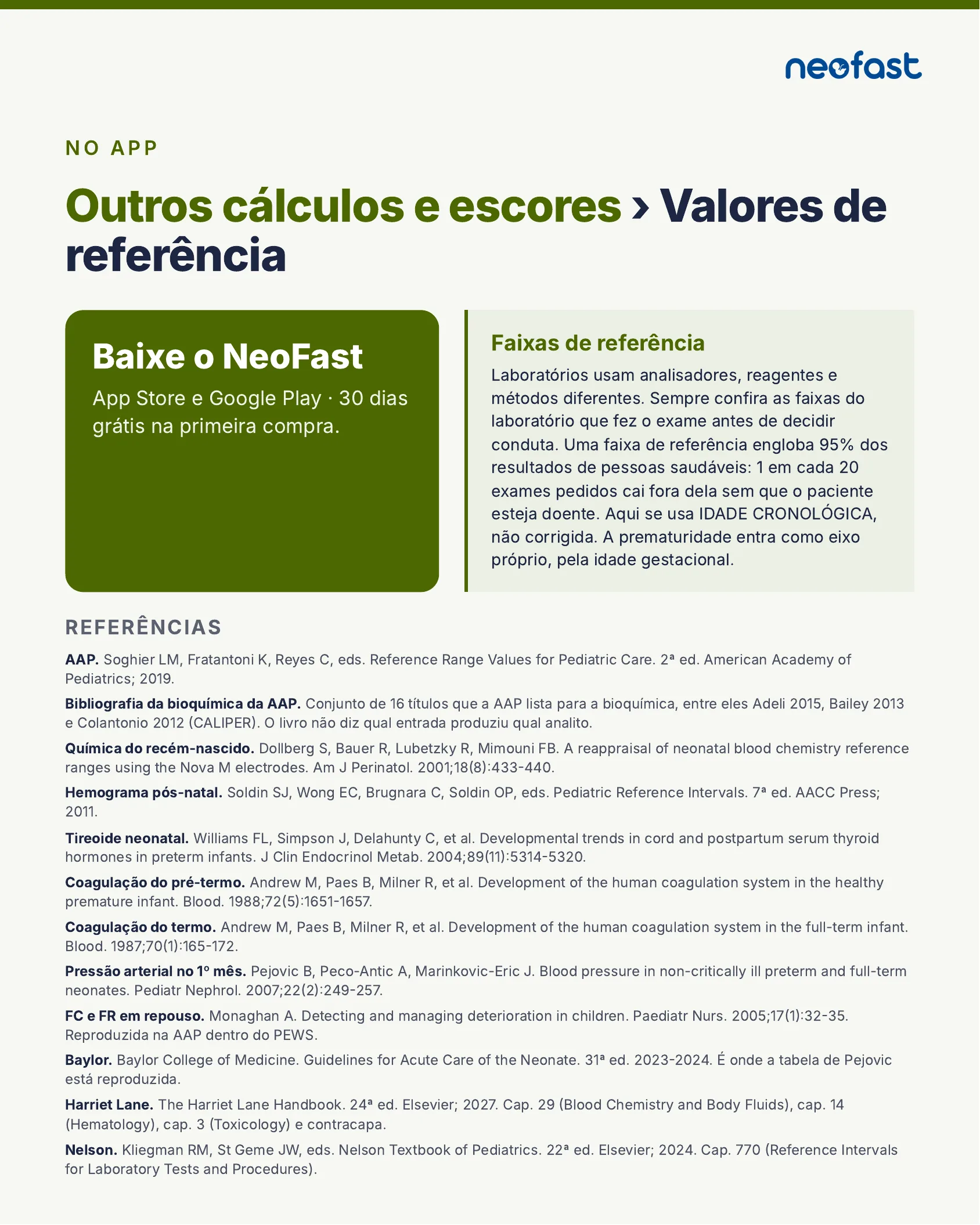 Página final com chamada para baixar o app NeoFast, explicação sobre faixas de referência laboratoriais e lista completa de referências bibliográficas
