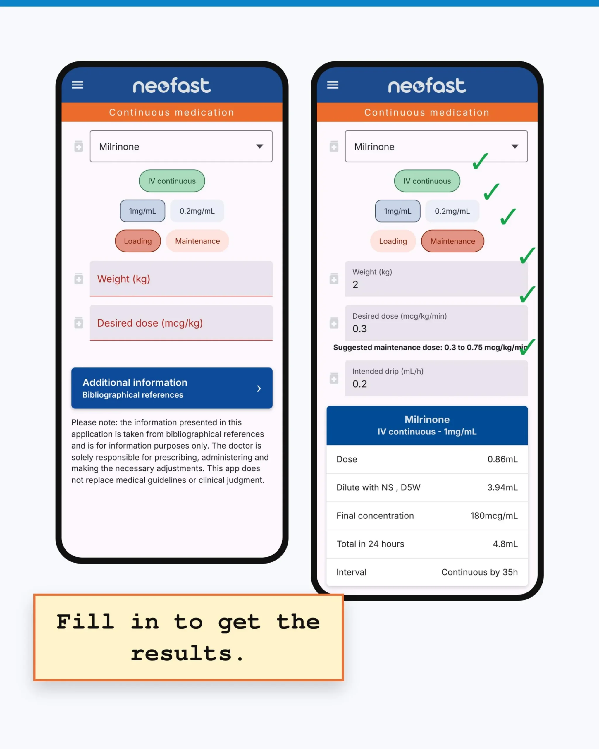 Two mobile app screenshots of the Neofast continuous medication calculator for Milrinone, showing empty input fields and a completed calculation with dose results.