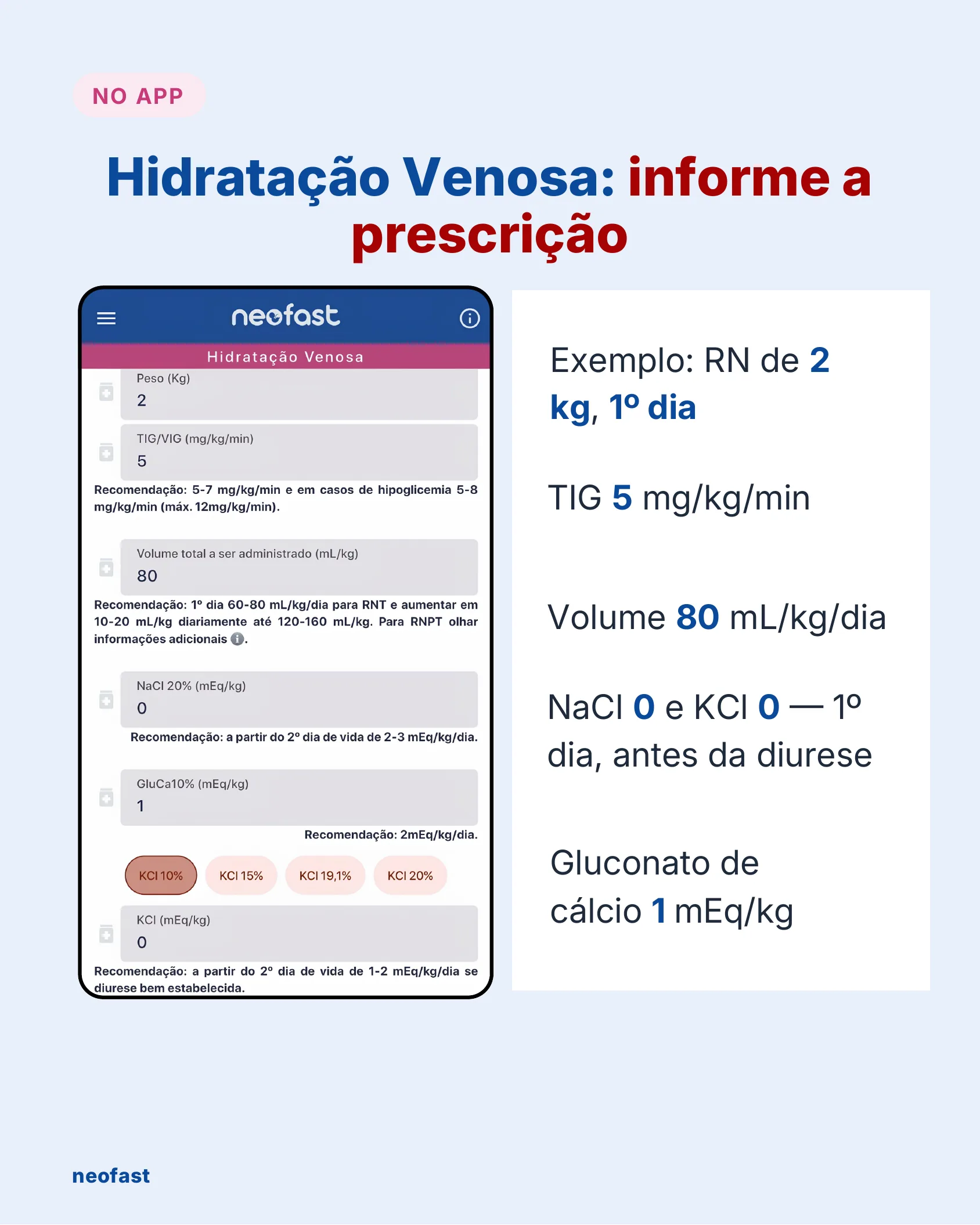 Captura de tela do aplicativo NeoFast mostrando a calculadora de Hidratação Venosa preenchida com um exemplo de recém-nascido de 2 kg no primeiro dia de vida.