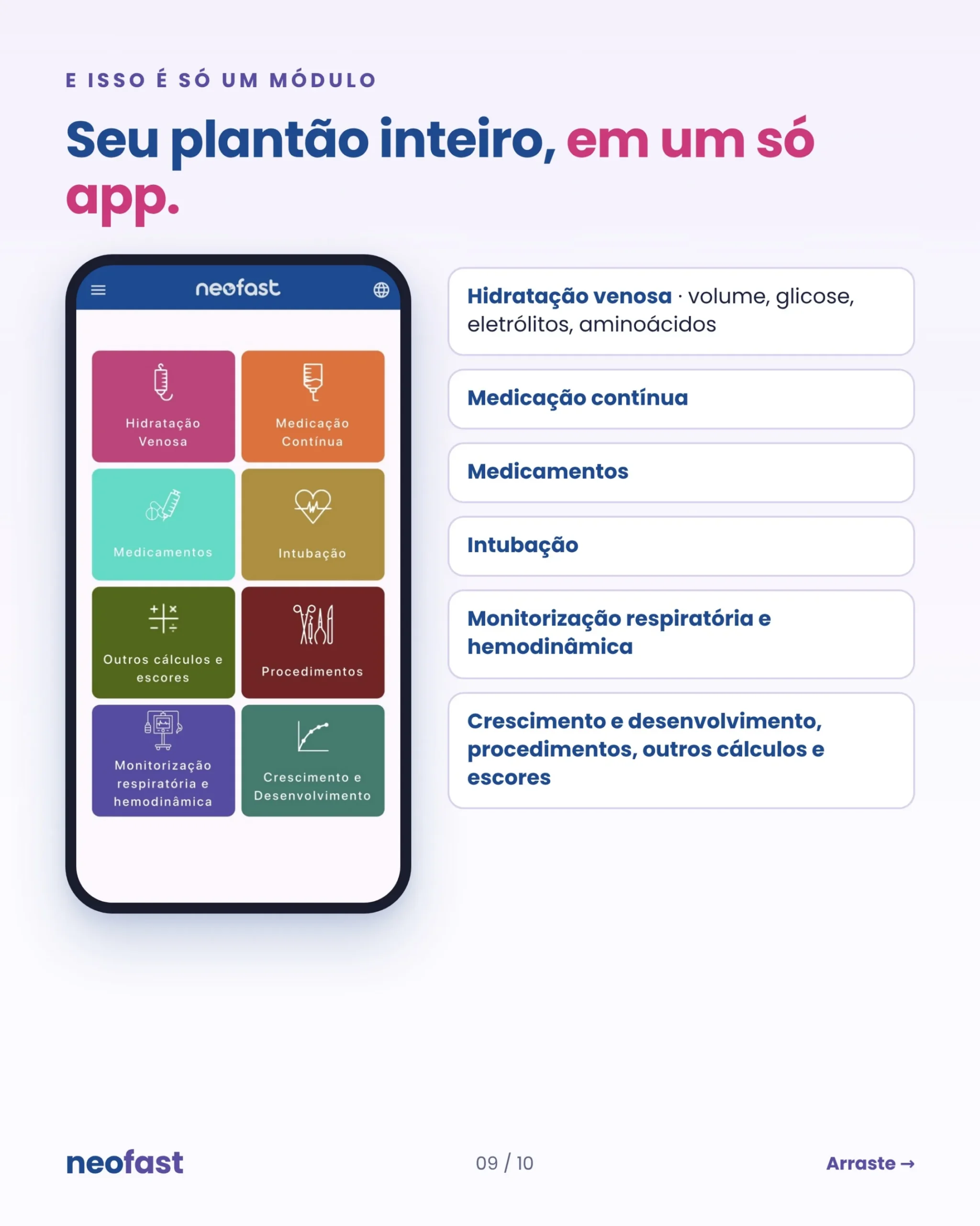 Tela do aplicativo NeoFast mostrando o menu principal com oito módulos coloridos: Hidratação Venosa, Medicação Contínua, Medicamentos, Intubação, Outros cálculos e escores, Procedimentos, Monitorização respiratória e hemodinâmica, e Crescimento e Desenvolvimento, ao lado de uma lista descritiva desses módulos.