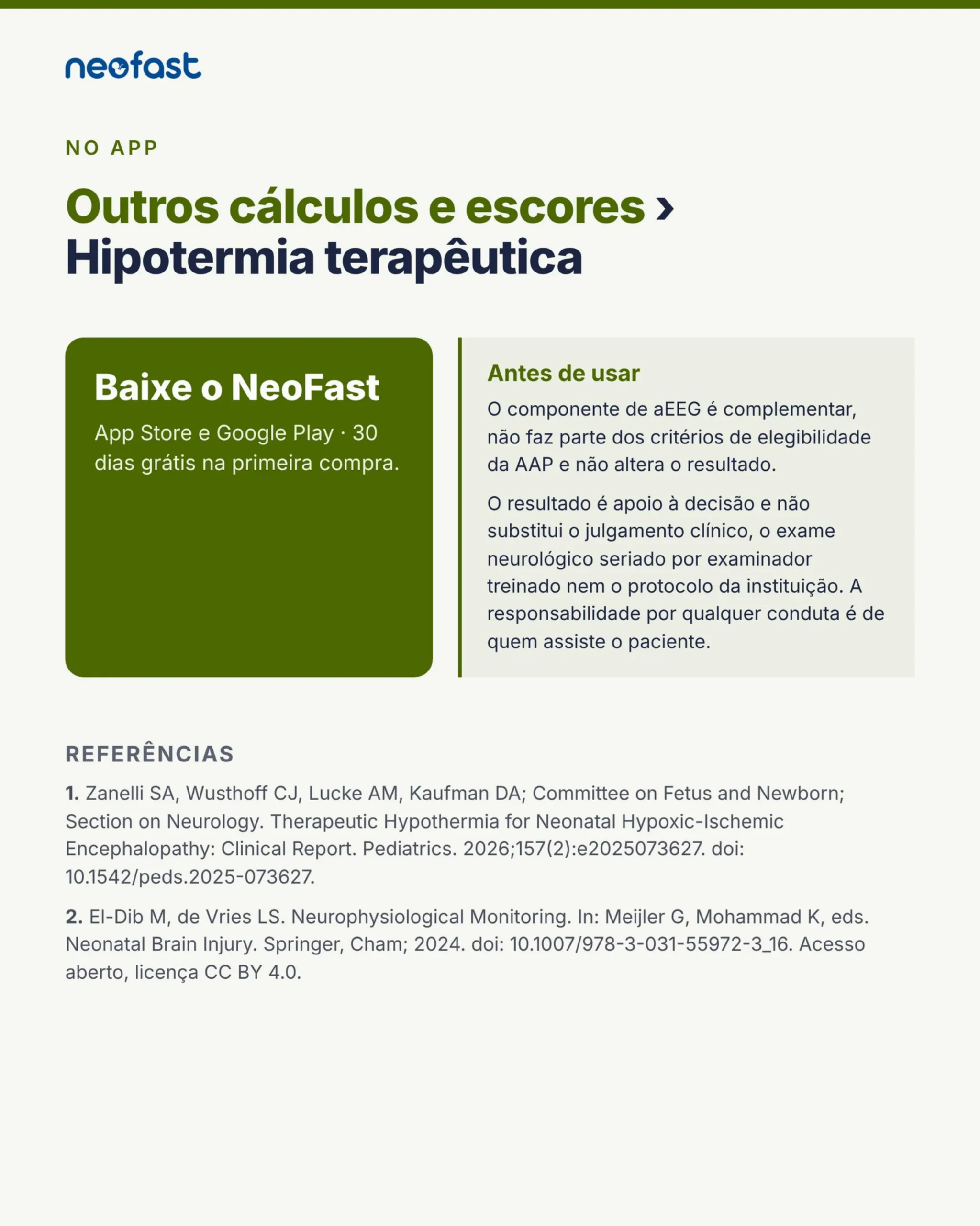 Página final do infográfico com instruções para baixar o aplicativo NeoFast, avisos importantes antes de usar a calculadora e lista de referências bibliográficas.