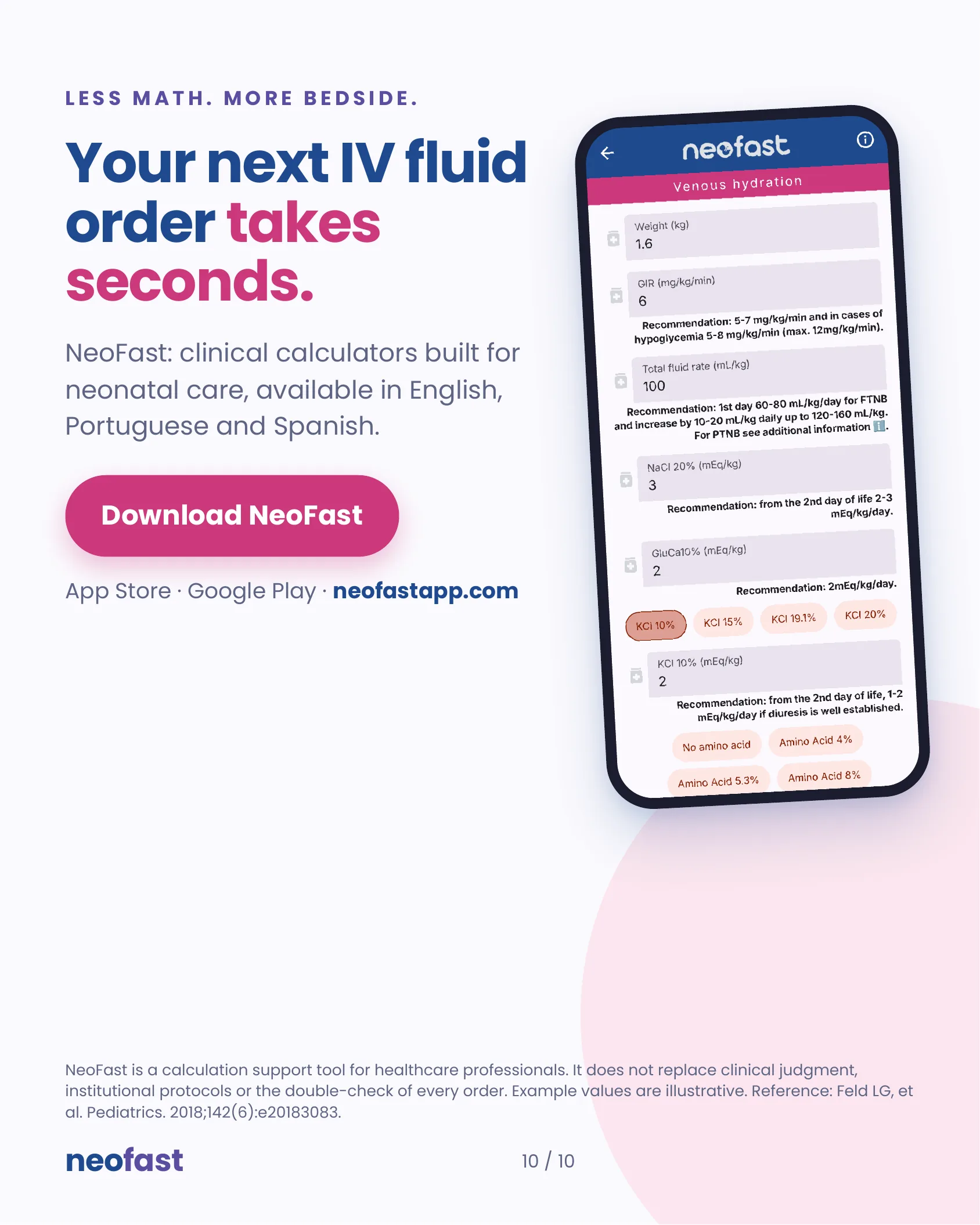 NeoFast app screen for Venous hydration calculator showing fields for weight, GIR, total fluid rate, NaCl, gluconate of calcium, and KCl concentrations with recommended dosing ranges, next to a call-to-action to download the app.