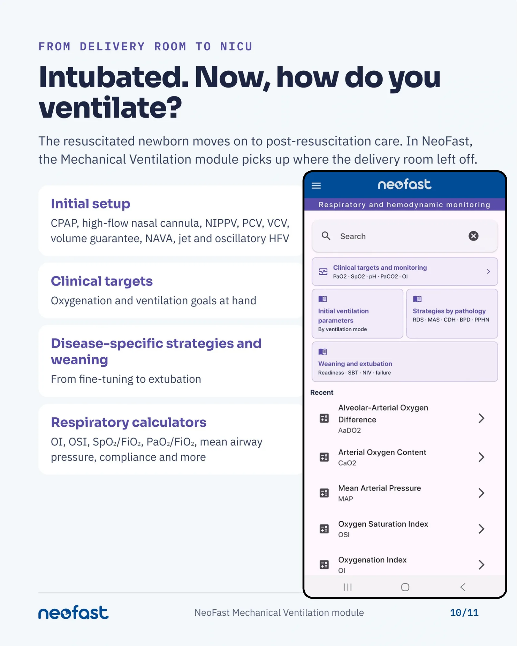 Infographic page describing the NeoFast Mechanical Ventilation module with sections on initial setup, clinical targets, disease-specific strategies, and respiratory calculators, alongside a screenshot of the app interface.