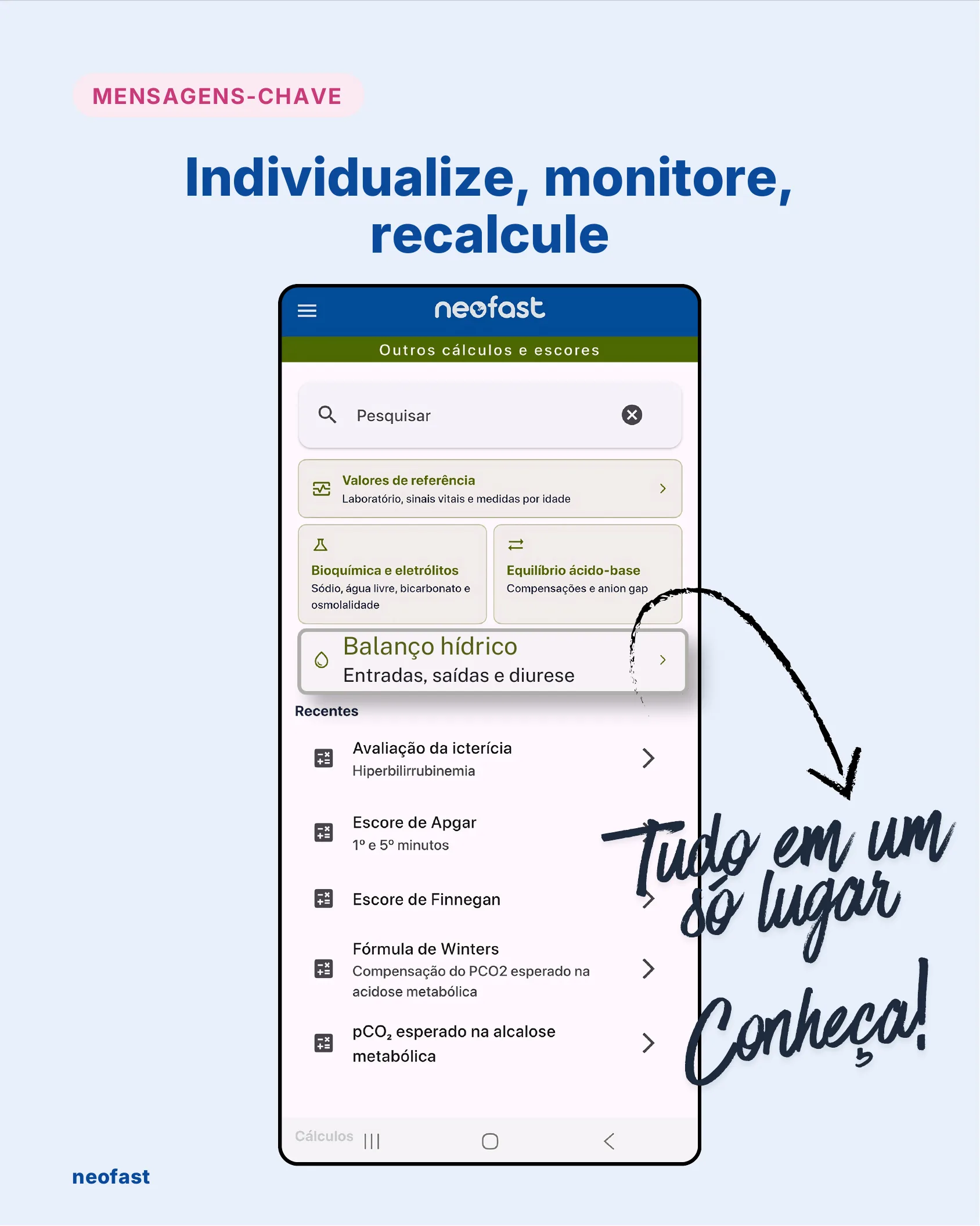 Tela do aplicativo NeoFast exibindo o menu de outros cálculos e escores neonatais, incluindo valores de referência, bioquímica e eletrólitos, equilíbrio ácido-base e balanço hídrico.