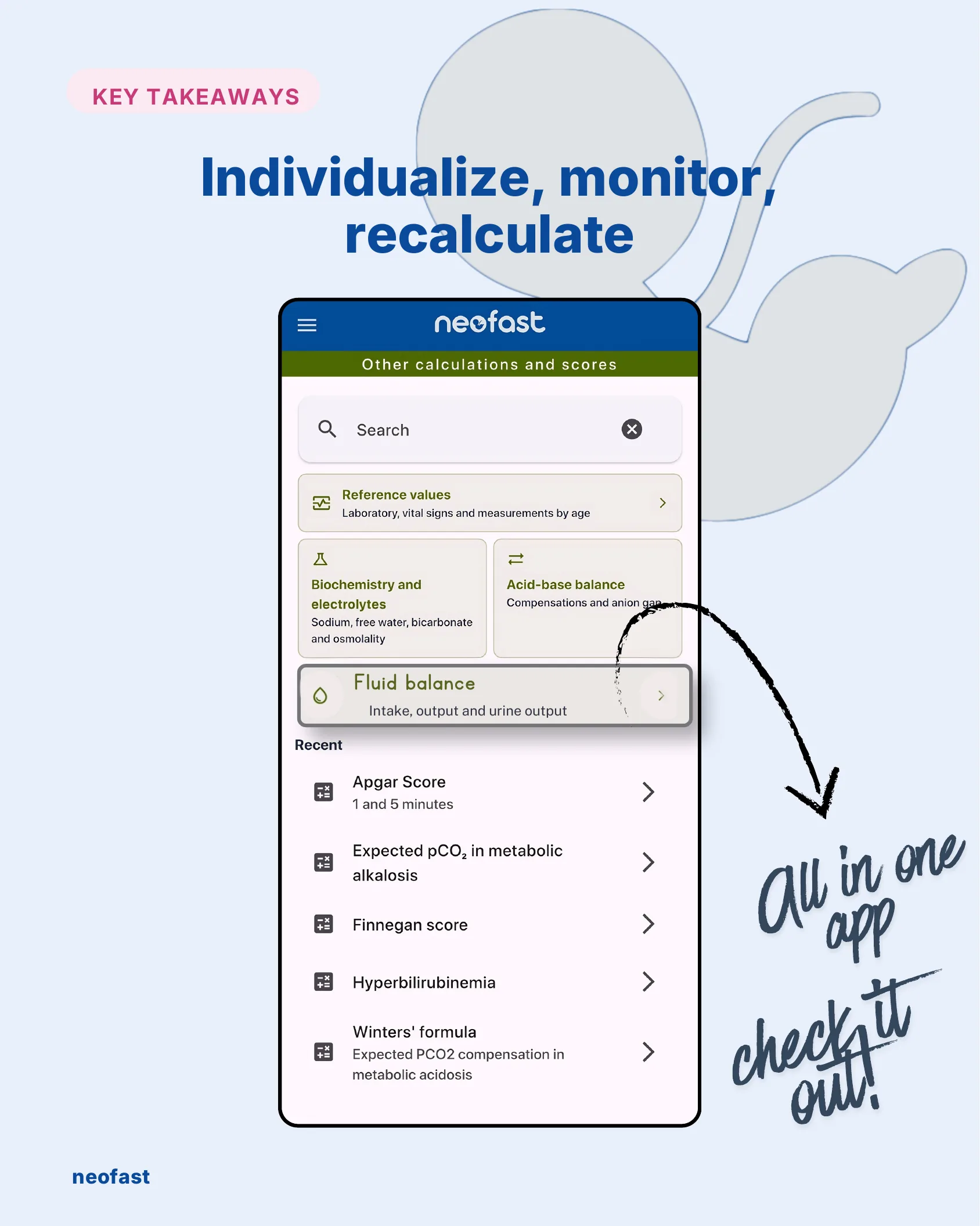 Screenshot of the NeoFast app's 'Other calculations and scores' menu listing Reference values, Biochemistry and electrolytes, Acid-base balance, Fluid balance, and recent calculators such as Apgar Score and Finnegan score.