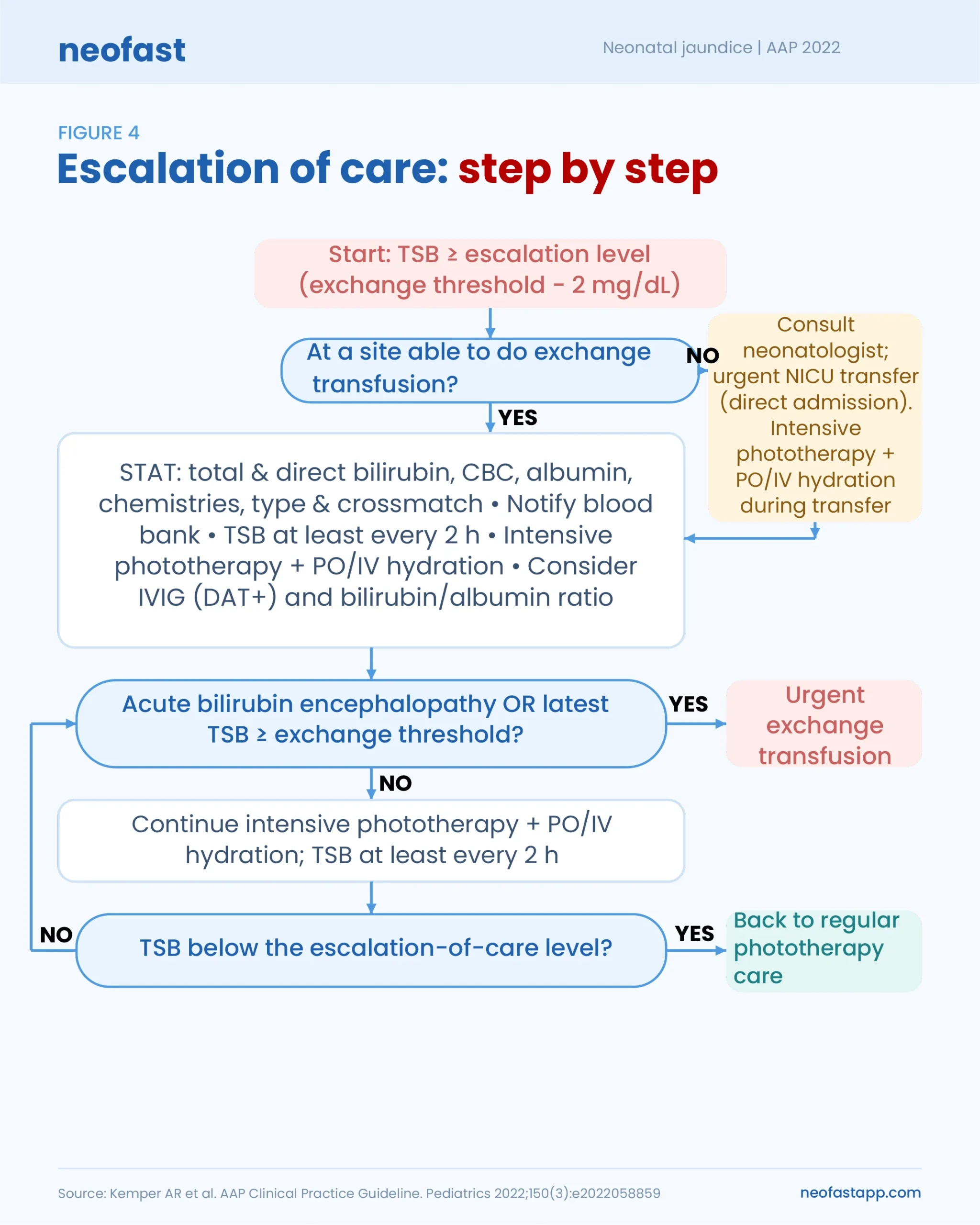 Flowchart illustrating the stepwise escalation-of-care pathway when TSB reaches the escalation level, including decisions about exchange transfusion capability, STAT labs, intensive phototherapy, and urgent exchange transfusion.