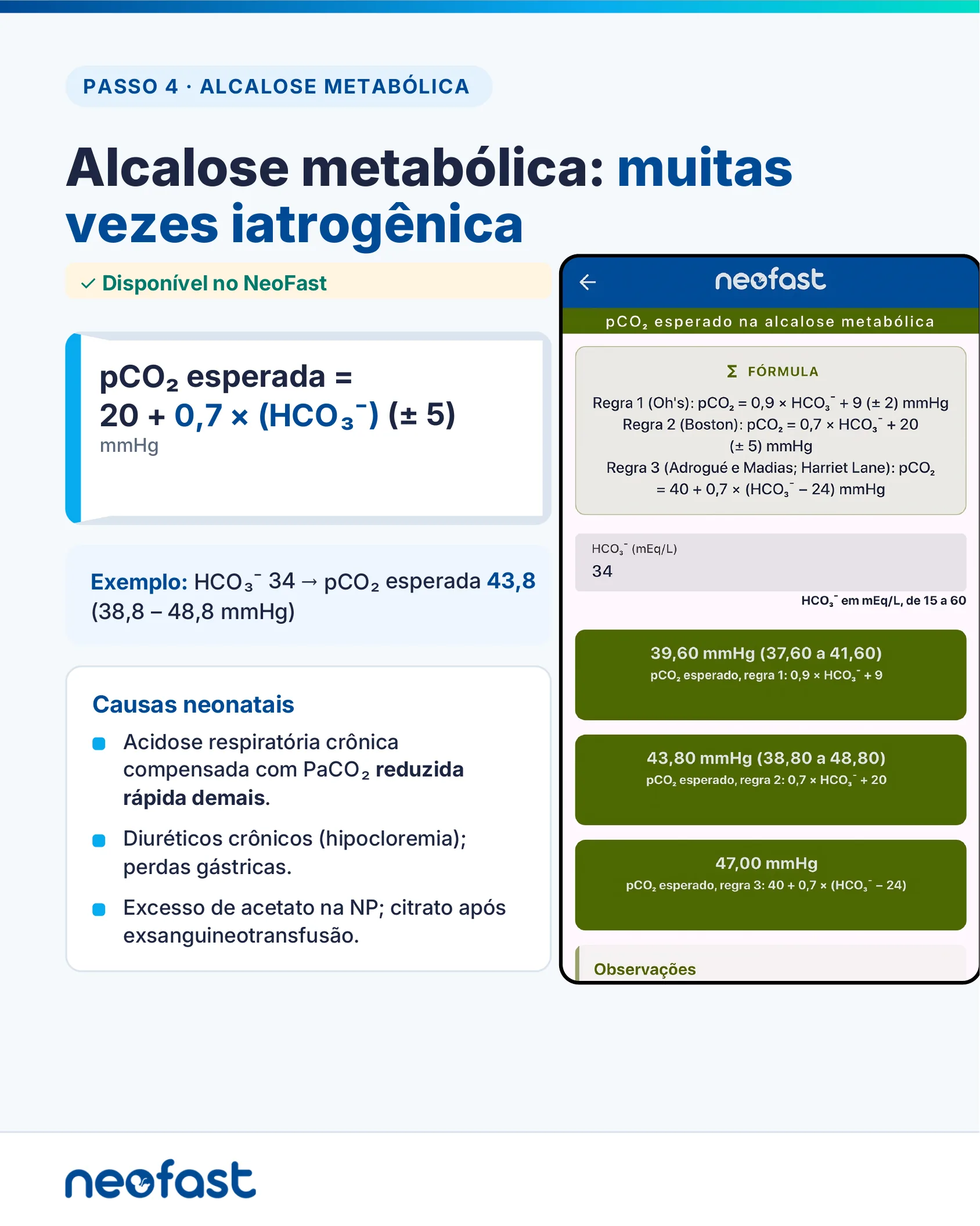 Infográfico sobre alcalose metabólica neonatal iatrogênica, com fórmulas para pCO2 esperada e tela do aplicativo NeoFast com três regras de cálculo.