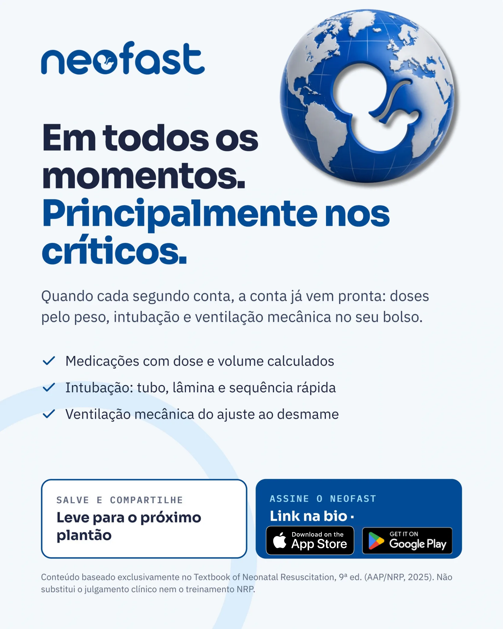 Página final do NeoFast com logotipo, globo estilizado com feto e chamada para assinatura do aplicativo nas lojas App Store e Google Play.