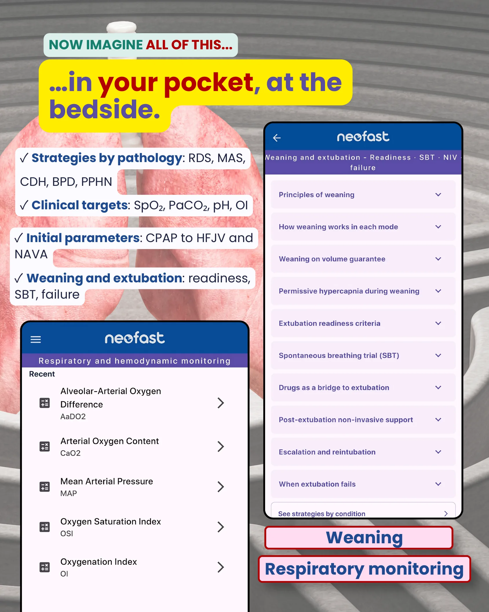 Checklist of app features including strategies by pathology, clinical targets, initial parameters and weaning, alongside two smartphone screens showing a respiratory and hemodynamic monitoring calculator list and a weaning/extubation topic menu.
