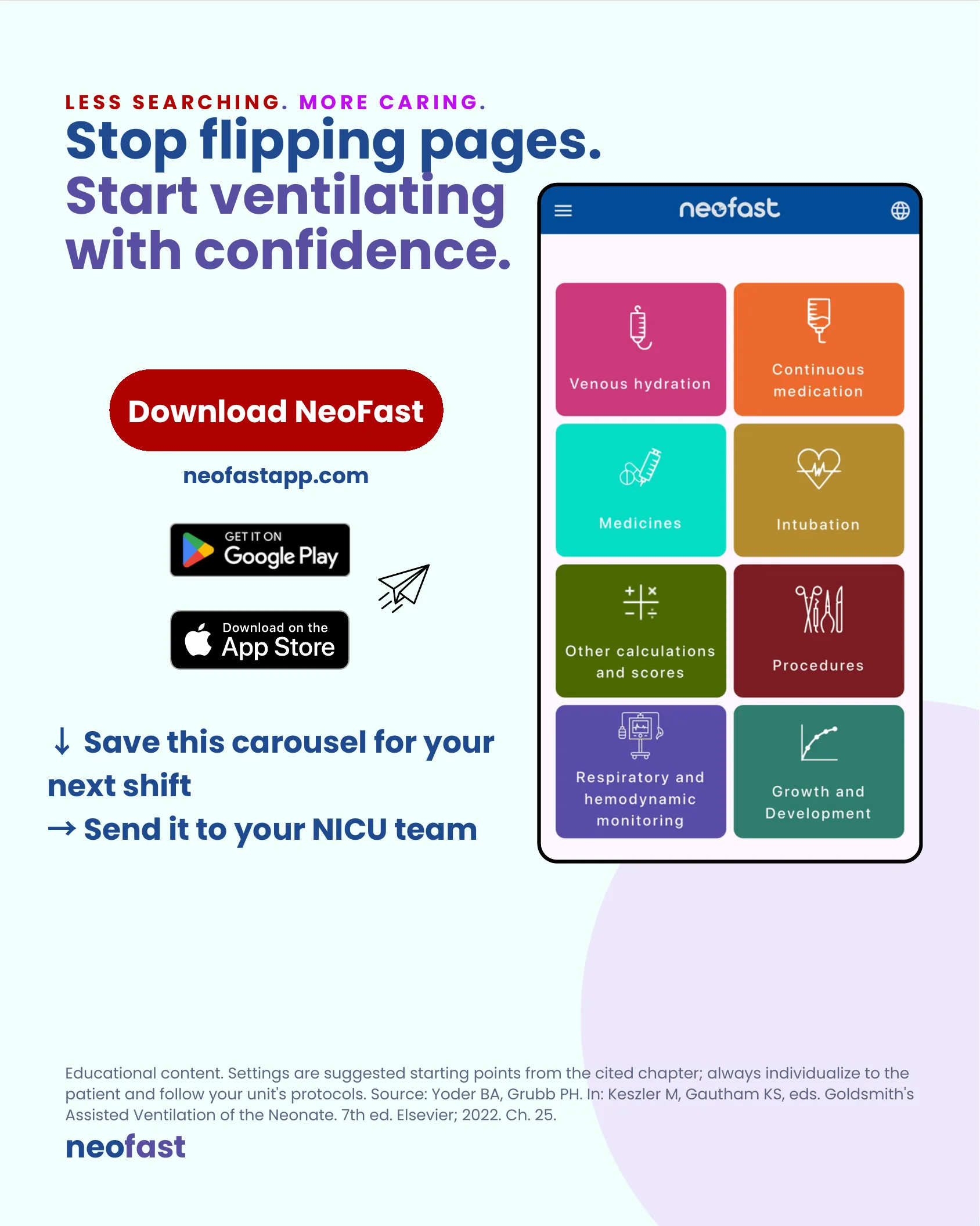 App promotion page with a download call to action, store badges, and a NeoFast home screen showing category tiles for venous hydration, medication, intubation, calculations, procedures, respiratory monitoring, and growth, plus the source citation.