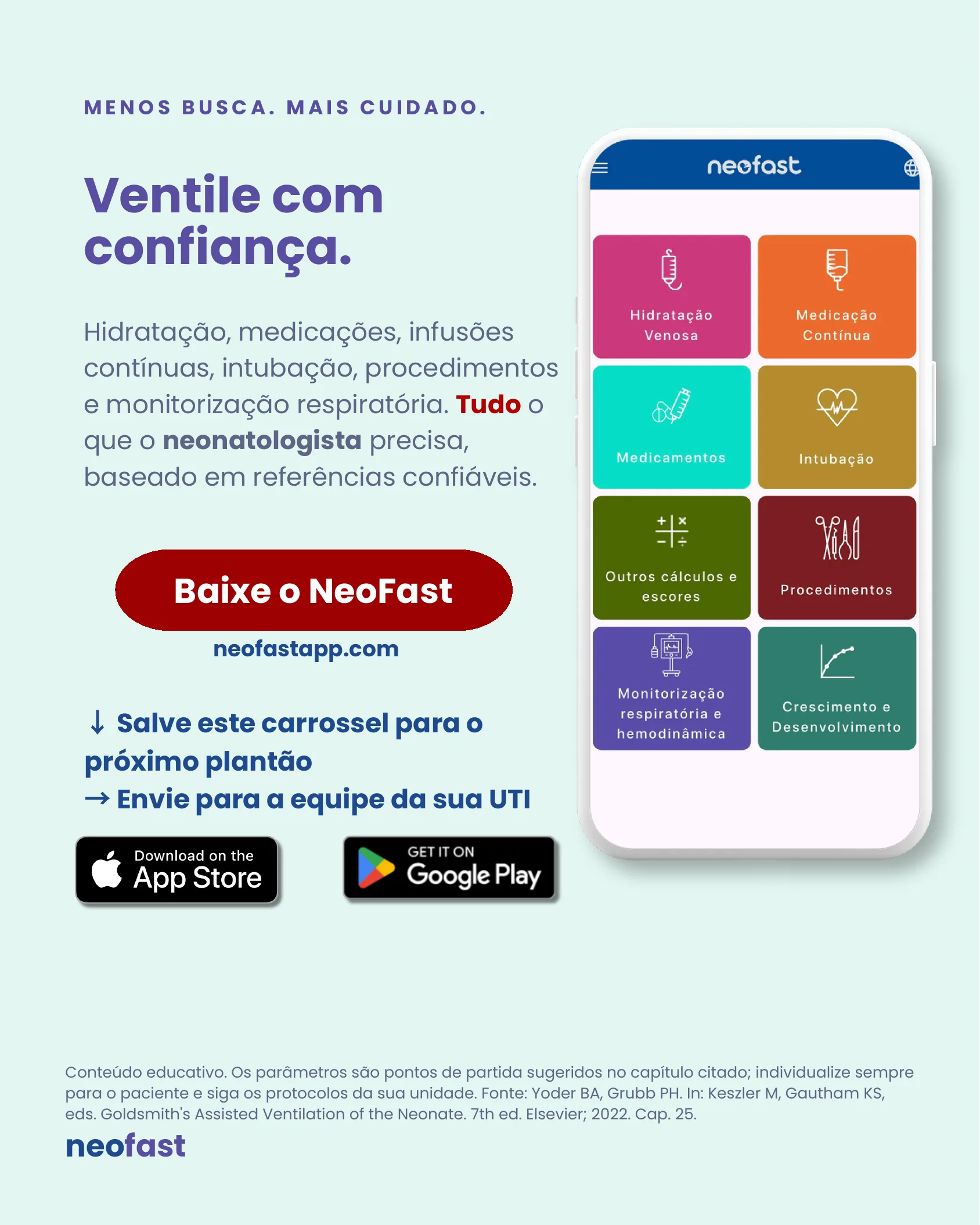 Página final promovendo o download do aplicativo NeoFast com menu de funcionalidades e botões de download para App Store e Google Play.