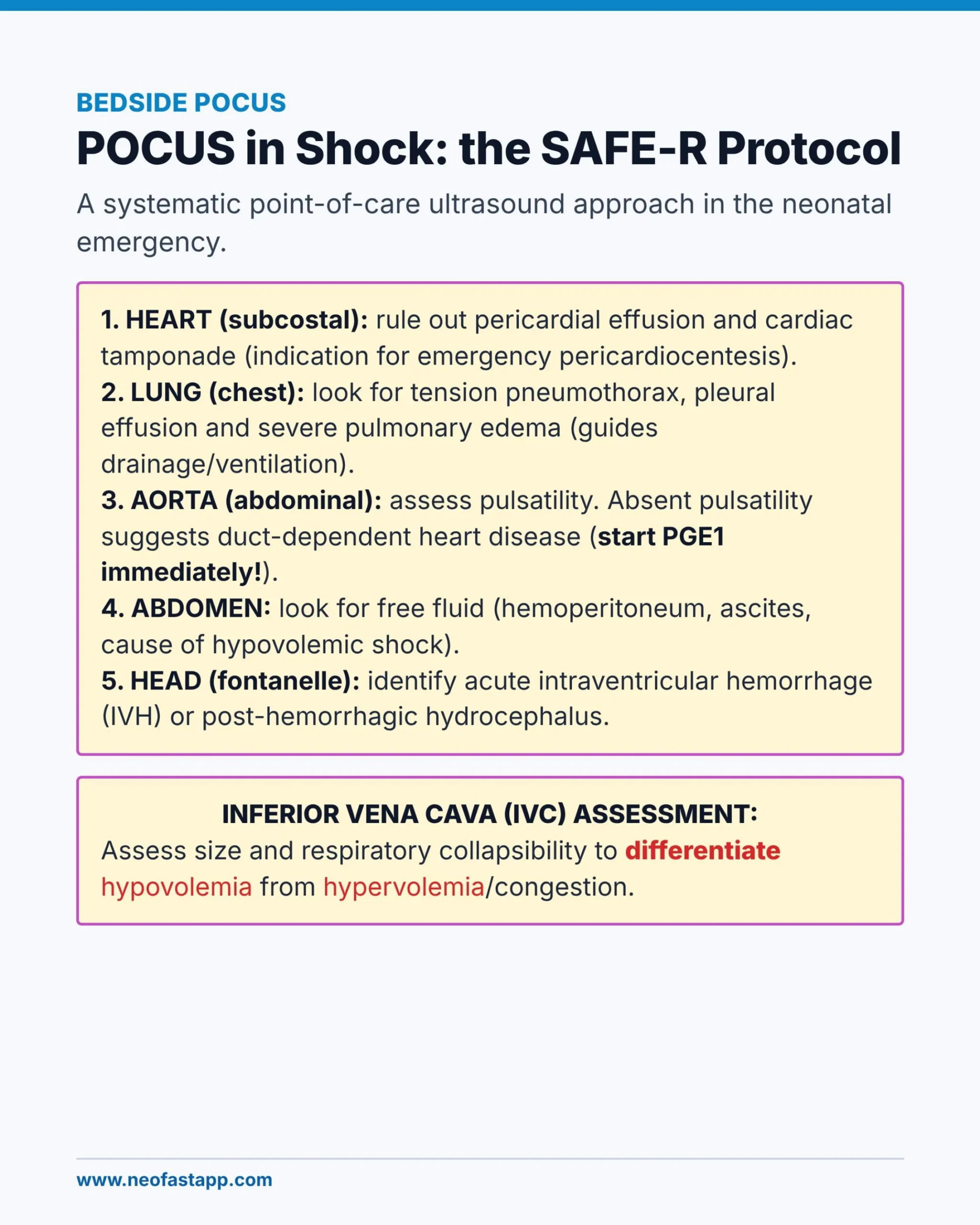 Infographic outlining the SAFE-R point-of-care ultrasound protocol for heart, lung, aorta, abdomen and head assessment plus IVC evaluation in neonatal shock.