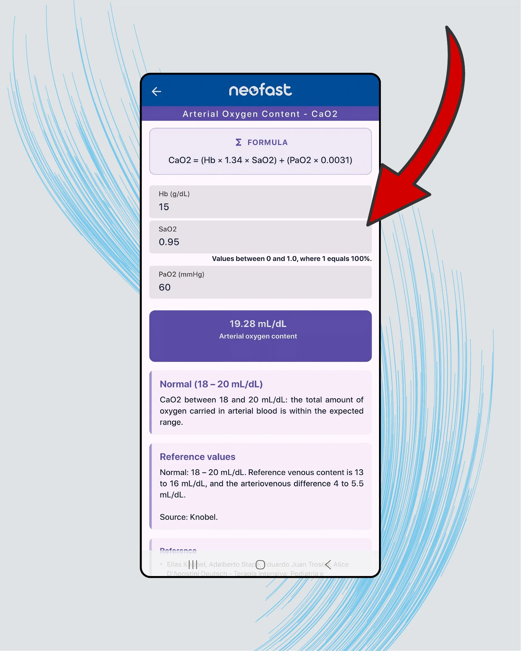 NeoFast app screenshot displaying a calculated arterial oxygen content of 19.28 mL/dL with interpretation and reference values.