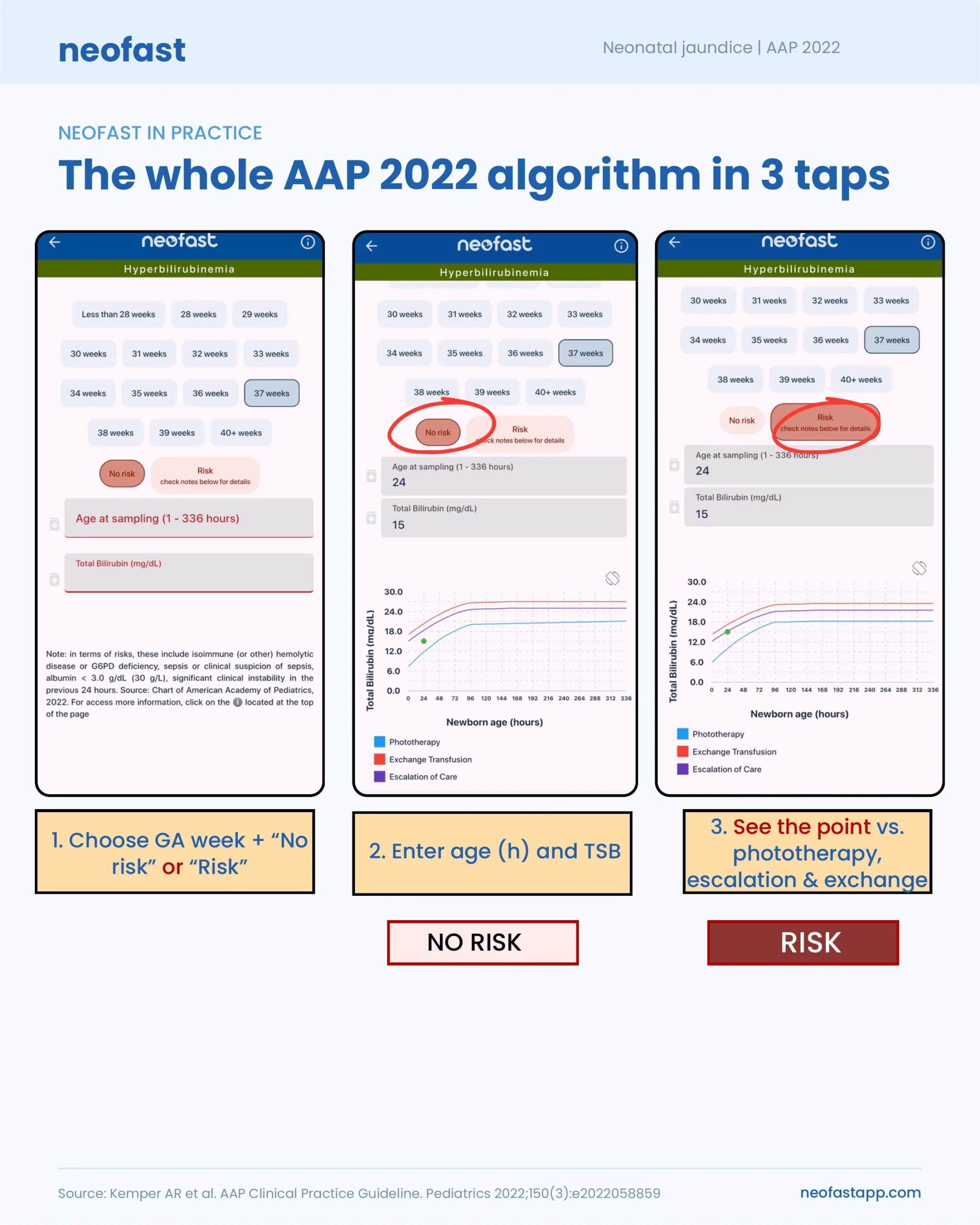 Three sequential screenshots of the NeoFast app demonstrating selection of gestational age and risk status, entry of infant age and total bilirubin, and visualization of the result plotted against phototherapy, escalation, and exchange transfusion lines.