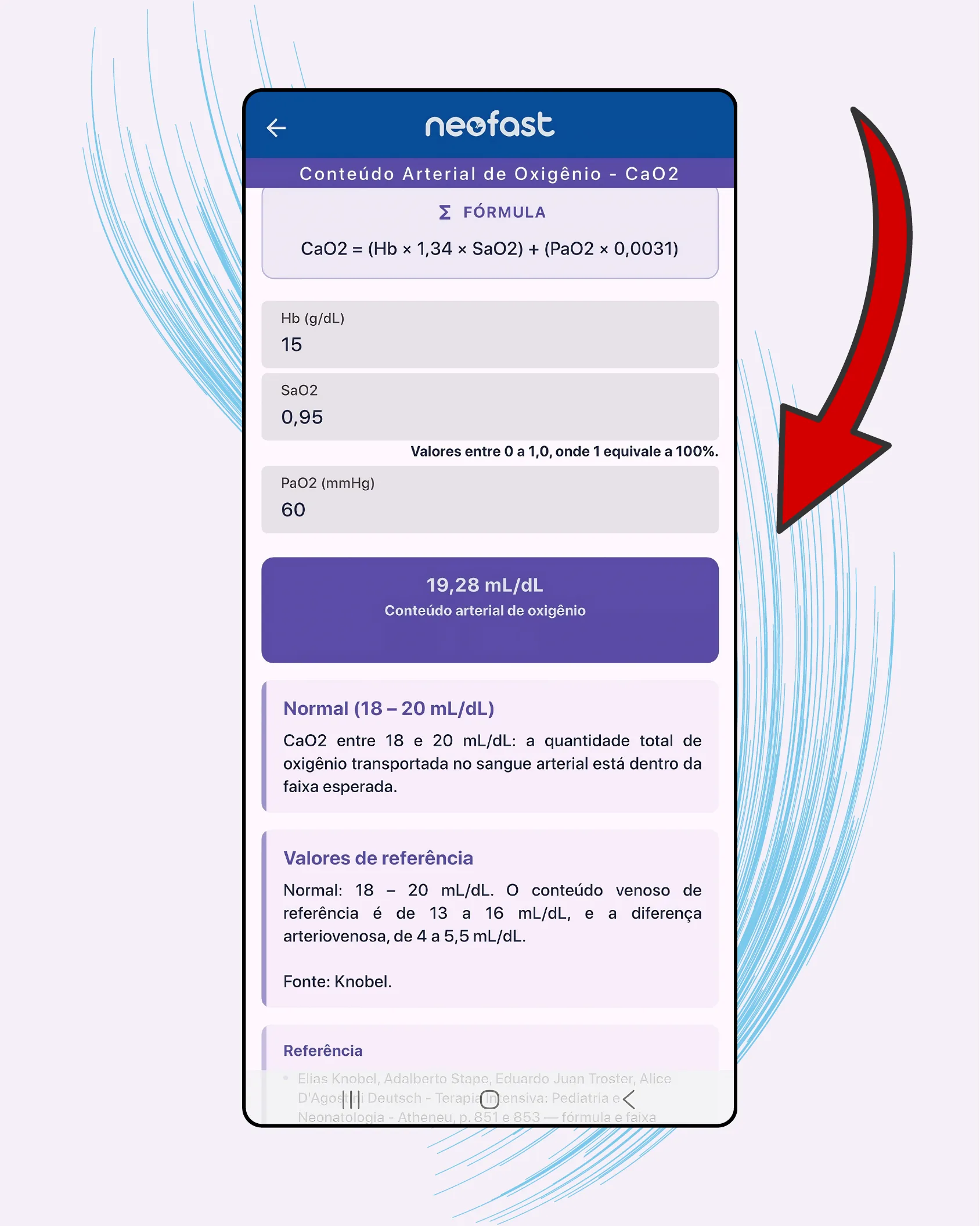 Tela do aplicativo NeoFast exibindo o resultado do cálculo de CaO2 com valores de exemplo e interpretação dentro da faixa normal.