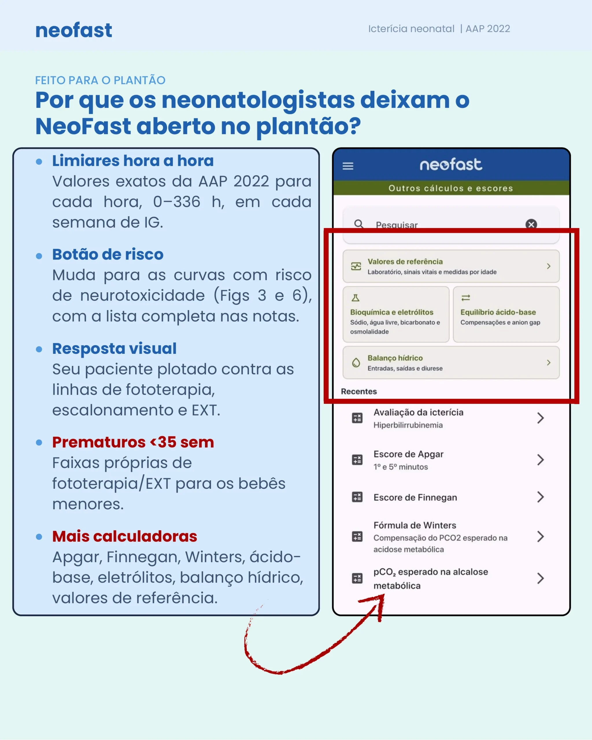 Lista de recursos do aplicativo NeoFast ao lado de capturas de tela mostrando outras calculadoras e escores disponiveis.
