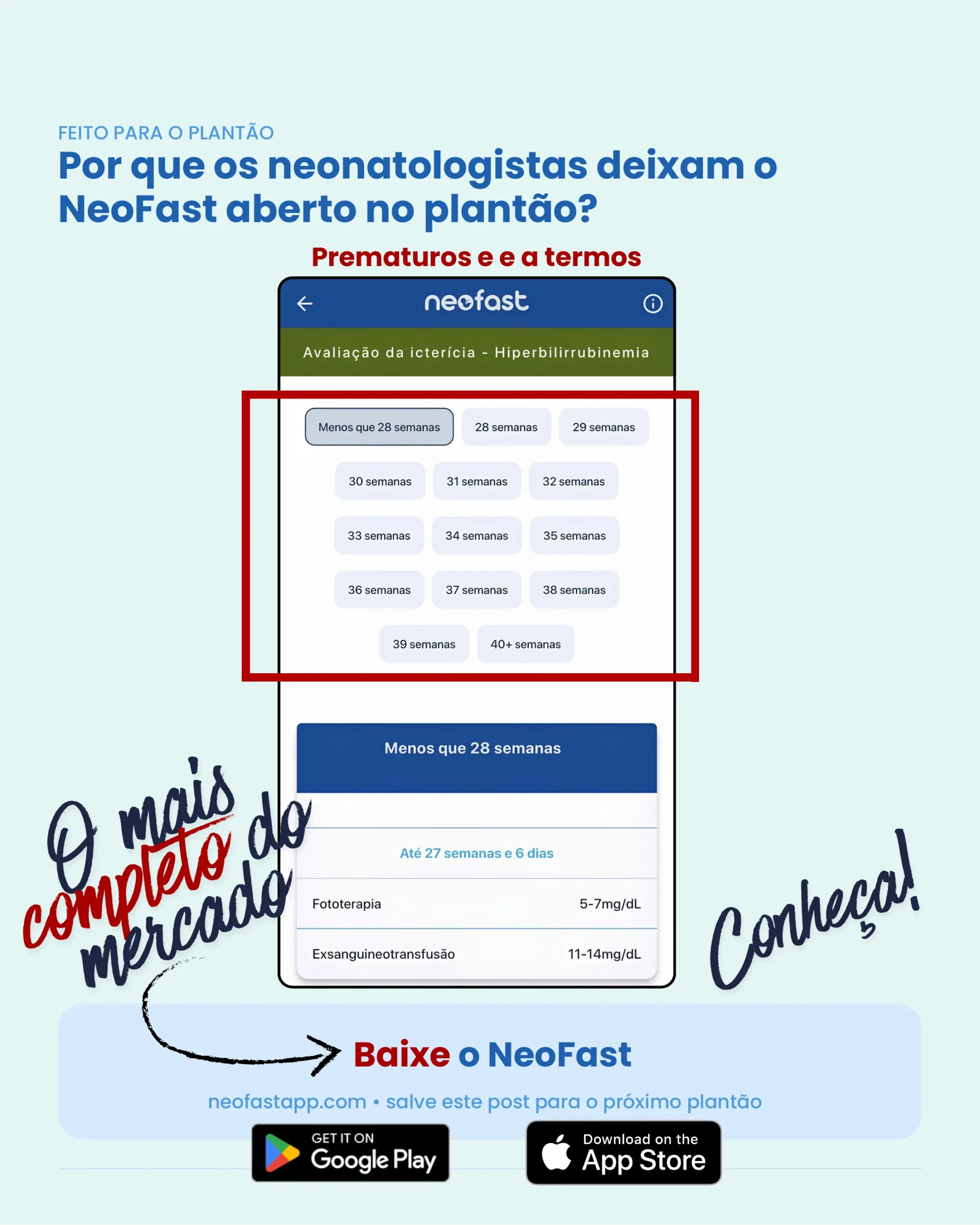 Print do aplicativo NeoFast mostrando a tela de avaliação da icterícia e hiperbilirrubinemia com seleção de idade gestacional de menos de 28 semanas até 40+ semanas, e tabela de referência com valores de fototerapia e exsanguineotransfusão para menos de 28 semanas.